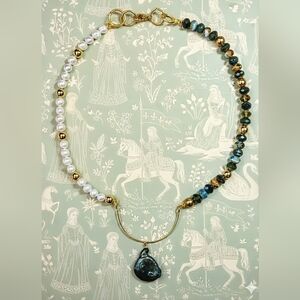 Emerald Glass Beads & Natural Pearls In Assymetrical Necklace W/ Pearl Pendant